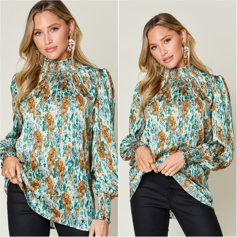 Sweet Smocked Mock Neck Blouse - Green